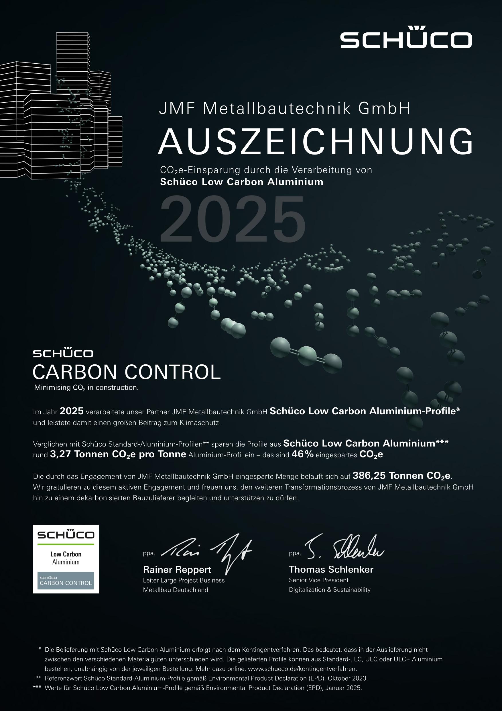 CaCo Urkunde Jahrestonnage JMF Metallbautechnik GmbH